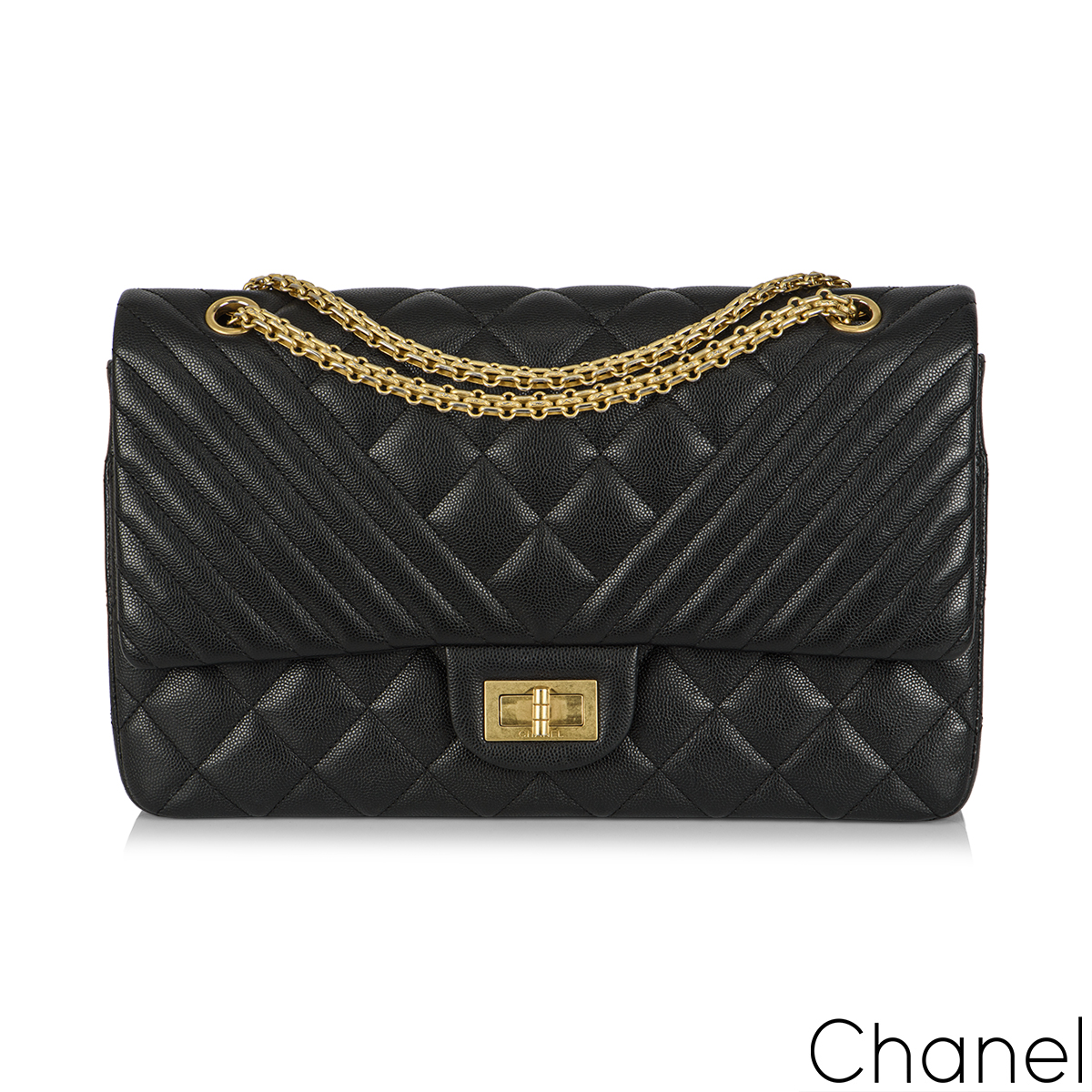 Chanel Black Caviar Jumbo Chevron Quilted 2.55 Reissue Double Flap Bag